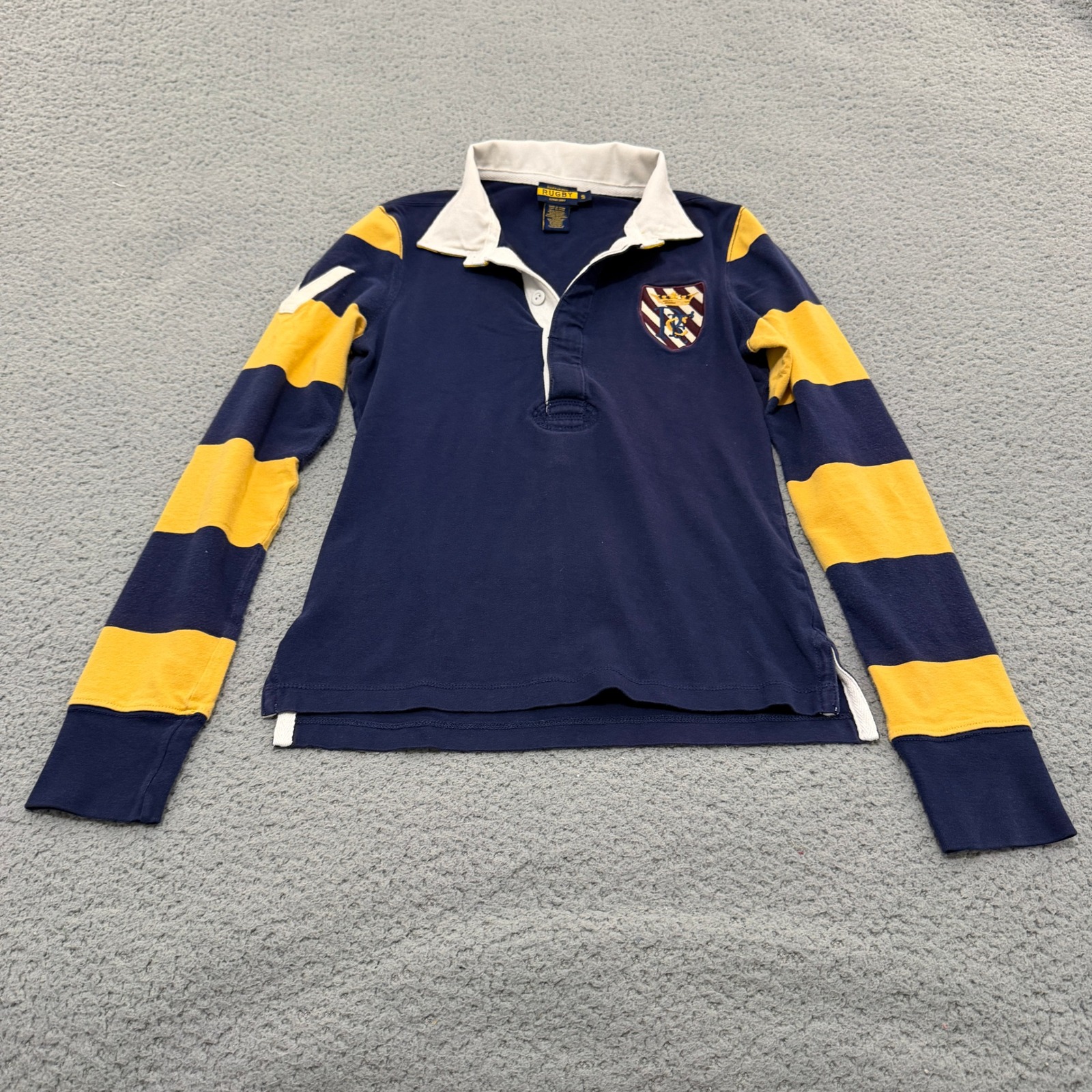 Ralph Lauren Rugby Polo Shirt Womens Small Navy Blue Yellow Striped Crest